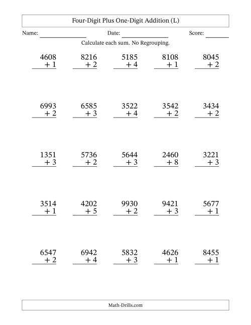 The Four-Digit Plus One-Digit Addition With No Regrouping – 25 Questions (L) Math Worksheet