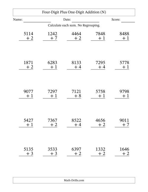 The Four-Digit Plus One-Digit Addition With No Regrouping – 25 Questions (N) Math Worksheet