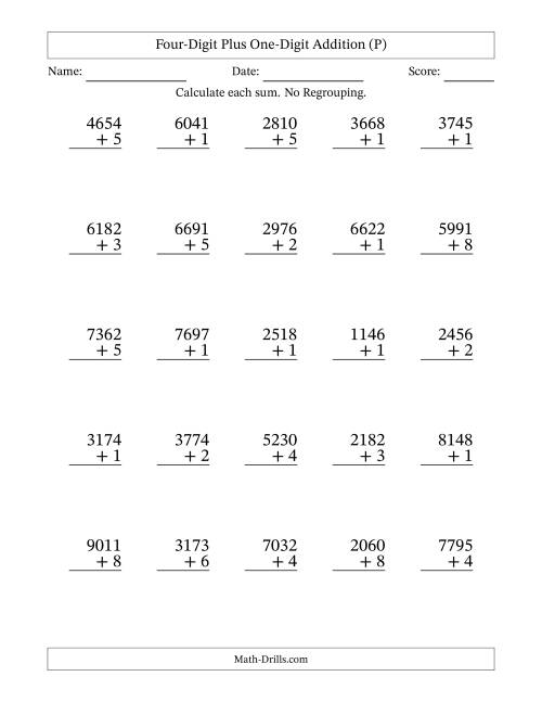 The Four-Digit Plus One-Digit Addition With No Regrouping – 25 Questions (P) Math Worksheet