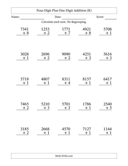 The Four-Digit Plus One-Digit Addition With No Regrouping – 25 Questions (R) Math Worksheet