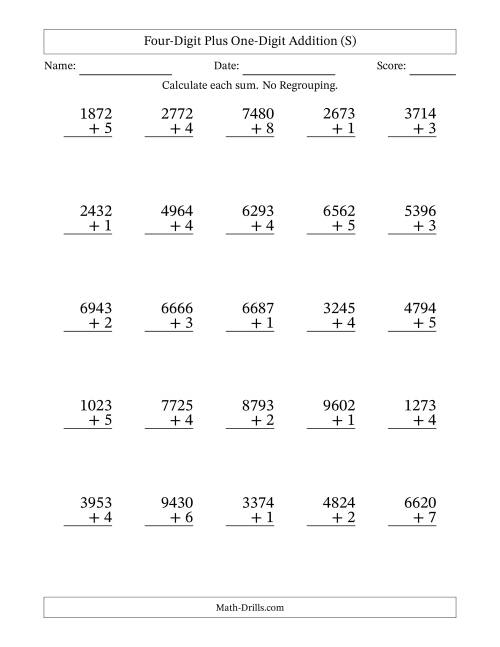 The Four-Digit Plus One-Digit Addition With No Regrouping – 25 Questions (S) Math Worksheet