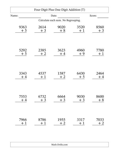 The Four-Digit Plus One-Digit Addition With No Regrouping – 25 Questions (T) Math Worksheet