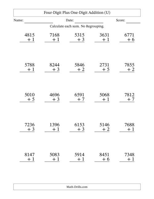 The Four-Digit Plus One-Digit Addition With No Regrouping – 25 Questions (U) Math Worksheet