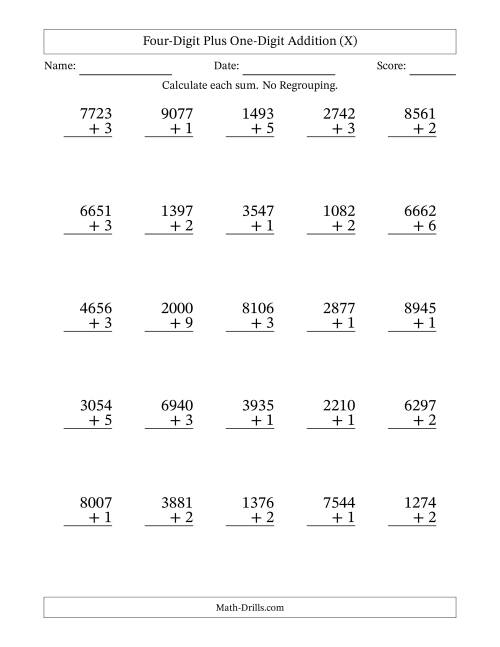 The Four-Digit Plus One-Digit Addition With No Regrouping – 25 Questions (X) Math Worksheet