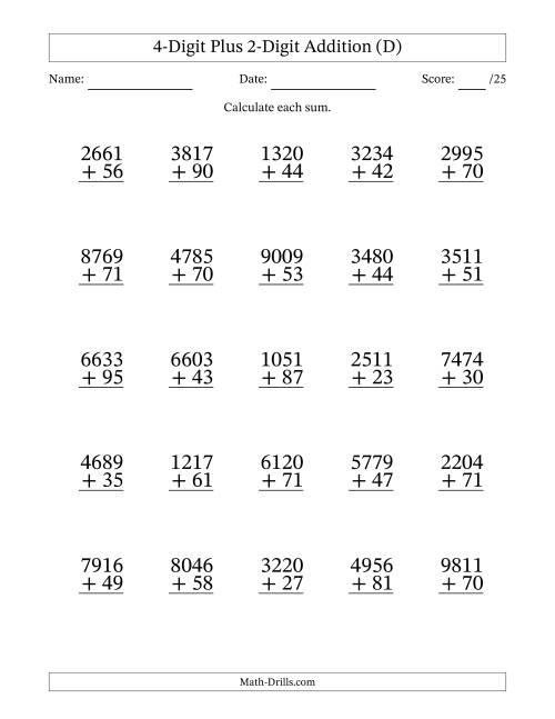 The 4-Digit Plus 2-Digit Addition With Some Regrouping (25 Questions) (D) Math Worksheet