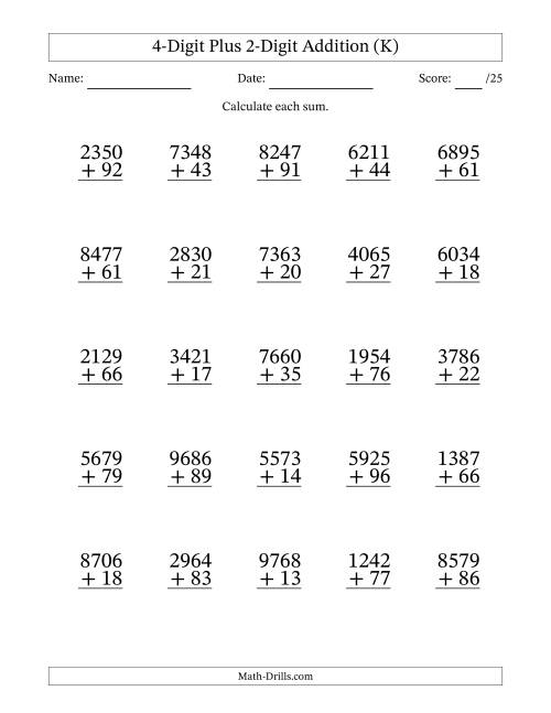 The 4-Digit Plus 2-Digit Addition With Some Regrouping (25 Questions) (K) Math Worksheet