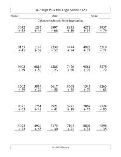 Four-Digit Plus Two-Digit Addition With Some Regrouping – 36 Questions
