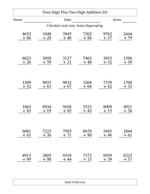 Four-Digit Plus Two-Digit Addition -- 36 Questions (D)