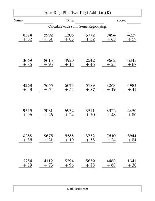 The Four-Digit Plus Two-Digit Addition With Some Regrouping – 36 Questions (K) Math Worksheet