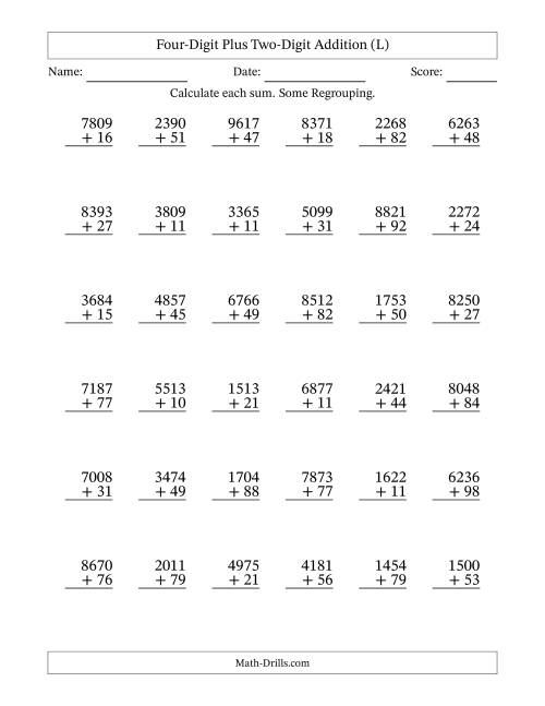 The Four-Digit Plus Two-Digit Addition With Some Regrouping – 36 Questions (L) Math Worksheet