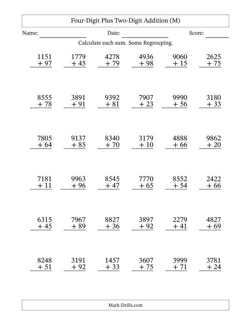The Four-Digit Plus Two-Digit Addition With Some Regrouping – 36 Questions (M) Math Worksheet
