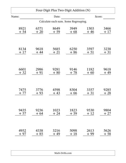The Four-Digit Plus Two-Digit Addition With Some Regrouping – 36 Questions (N) Math Worksheet