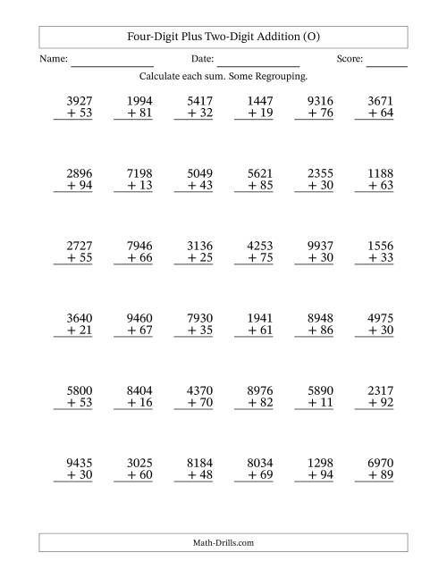 The Four-Digit Plus Two-Digit Addition With Some Regrouping – 36 Questions (O) Math Worksheet