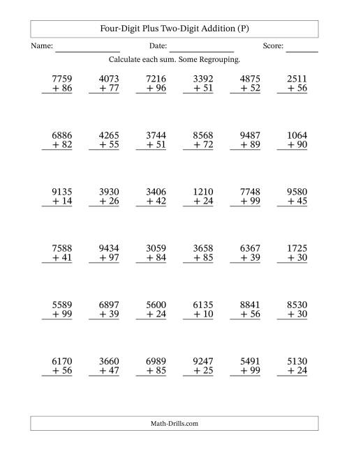 The Four-Digit Plus Two-Digit Addition With Some Regrouping – 36 Questions (P) Math Worksheet