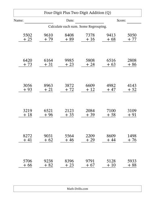 The Four-Digit Plus Two-Digit Addition With Some Regrouping – 36 Questions (Q) Math Worksheet