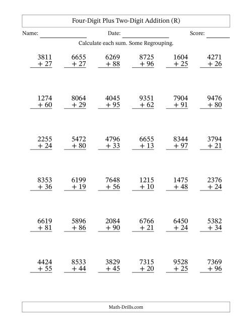 The Four-Digit Plus Two-Digit Addition With Some Regrouping – 36 Questions (R) Math Worksheet