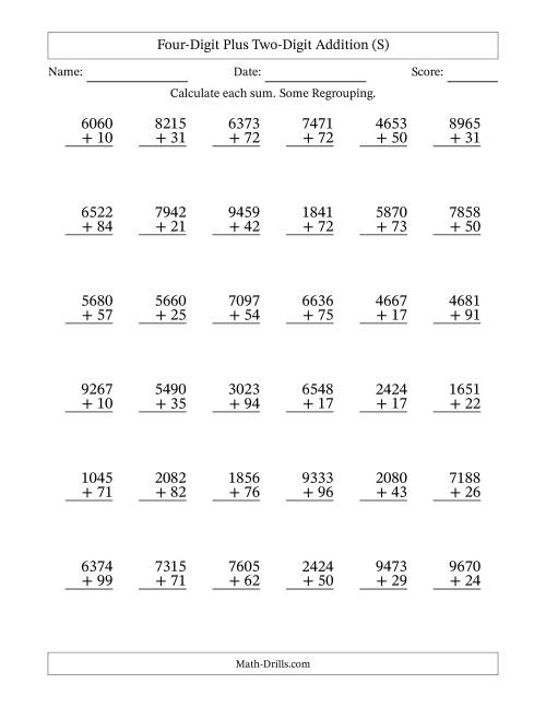 The Four-Digit Plus Two-Digit Addition With Some Regrouping – 36 Questions (S) Math Worksheet