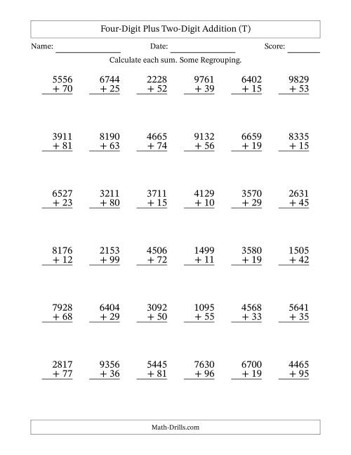 The Four-Digit Plus Two-Digit Addition With Some Regrouping – 36 Questions (T) Math Worksheet