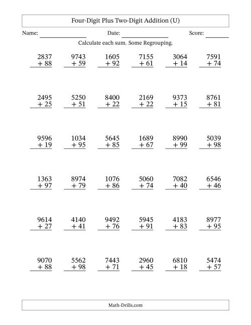 The Four-Digit Plus Two-Digit Addition With Some Regrouping – 36 Questions (U) Math Worksheet