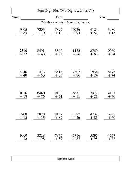 The Four-Digit Plus Two-Digit Addition With Some Regrouping – 36 Questions (V) Math Worksheet