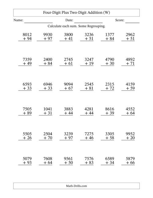 The Four-Digit Plus Two-Digit Addition With Some Regrouping – 36 Questions (W) Math Worksheet
