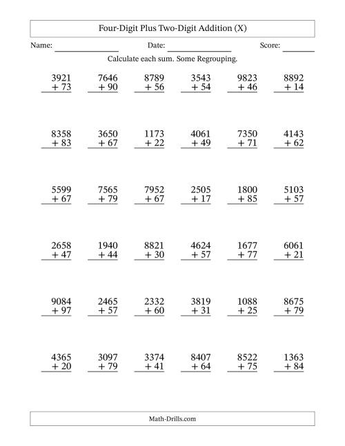 The Four-Digit Plus Two-Digit Addition With Some Regrouping – 36 Questions (X) Math Worksheet