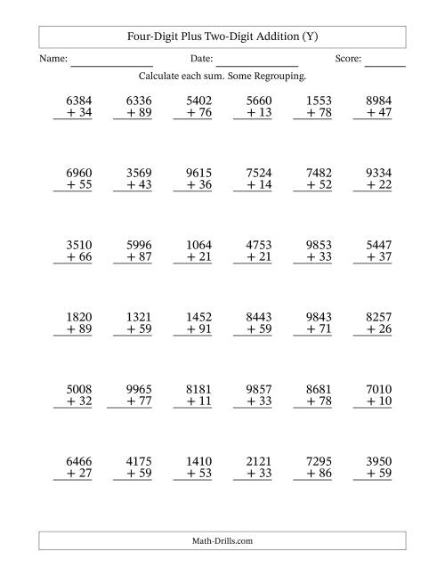 The Four-Digit Plus Two-Digit Addition With Some Regrouping – 36 Questions (Y) Math Worksheet