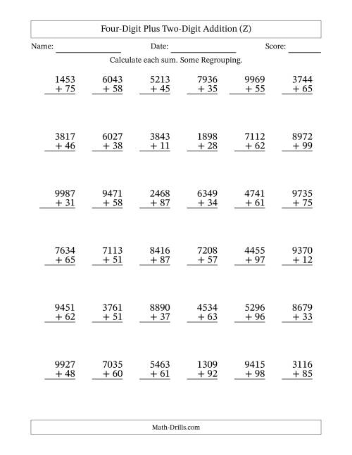 The Four-Digit Plus Two-Digit Addition With Some Regrouping – 36 Questions (Z) Math Worksheet