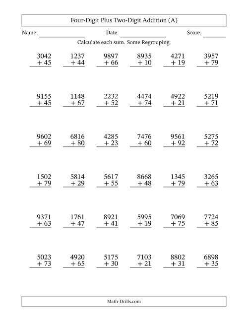 Four-Digit Plus Two-Digit Addition -- 36 Questions (All)