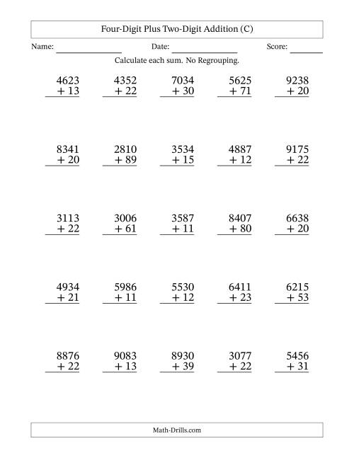 The Four-Digit Plus Two-Digit Addition With No Regrouping – 25 Questions (C) Math Worksheet