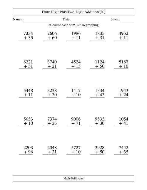 The Four-Digit Plus Two-Digit Addition With No Regrouping – 25 Questions (K) Math Worksheet
