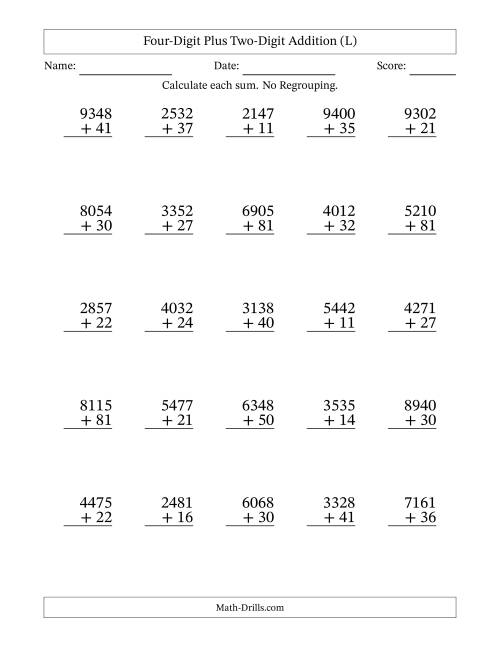 The Four-Digit Plus Two-Digit Addition With No Regrouping – 25 Questions (L) Math Worksheet