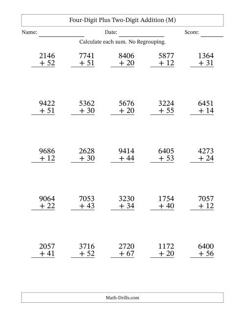 The Four-Digit Plus Two-Digit Addition With No Regrouping – 25 Questions (M) Math Worksheet