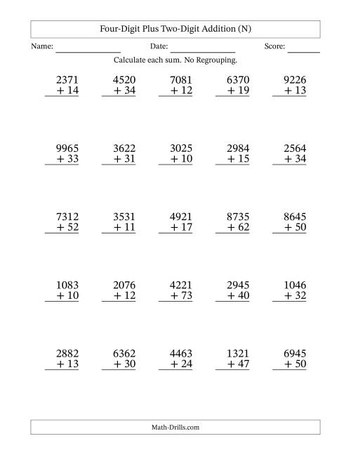 The Four-Digit Plus Two-Digit Addition With No Regrouping – 25 Questions (N) Math Worksheet