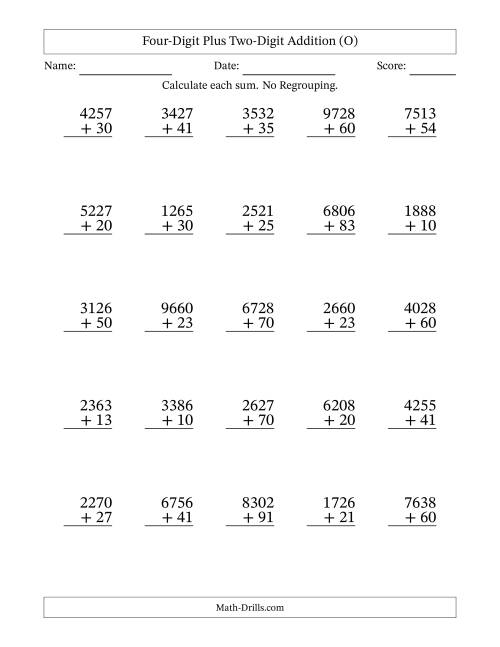 The Four-Digit Plus Two-Digit Addition With No Regrouping – 25 Questions (O) Math Worksheet