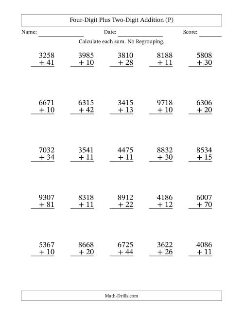 The Four-Digit Plus Two-Digit Addition With No Regrouping – 25 Questions (P) Math Worksheet