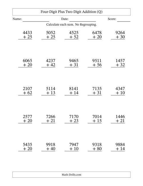 The Four-Digit Plus Two-Digit Addition With No Regrouping – 25 Questions (Q) Math Worksheet