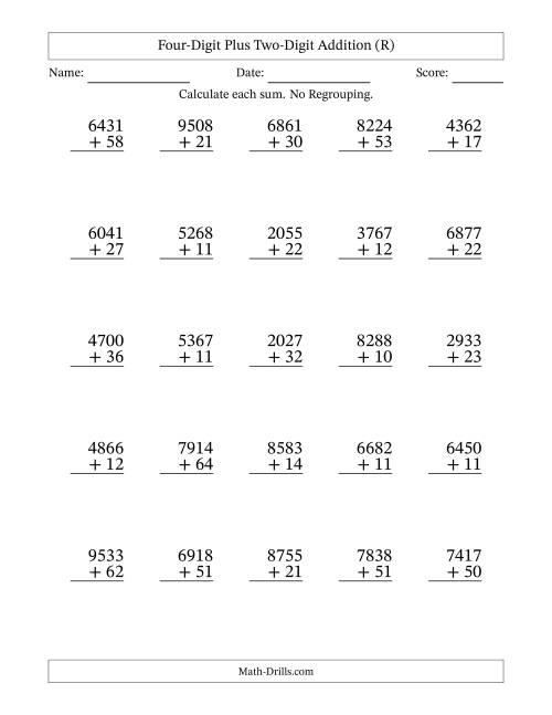 The Four-Digit Plus Two-Digit Addition With No Regrouping – 25 Questions (R) Math Worksheet