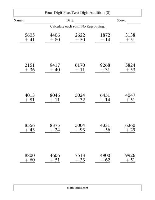 The Four-Digit Plus Two-Digit Addition With No Regrouping – 25 Questions (S) Math Worksheet