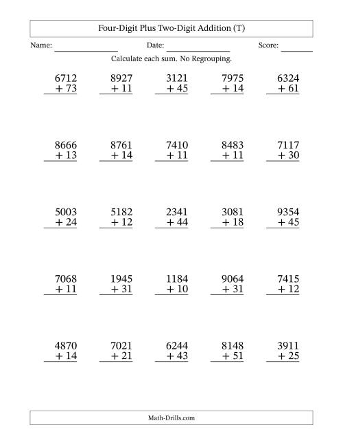 The Four-Digit Plus Two-Digit Addition With No Regrouping – 25 Questions (T) Math Worksheet