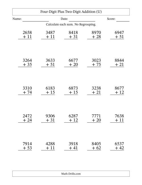 The Four-Digit Plus Two-Digit Addition With No Regrouping – 25 Questions (U) Math Worksheet