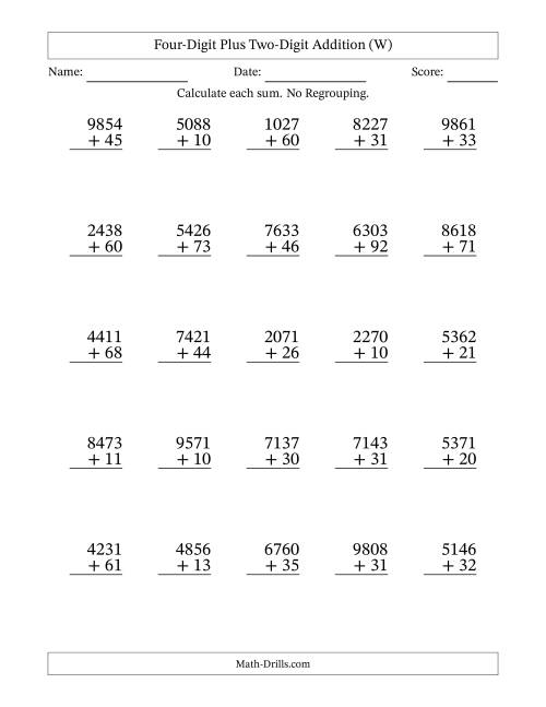 The Four-Digit Plus Two-Digit Addition With No Regrouping – 25 Questions (W) Math Worksheet