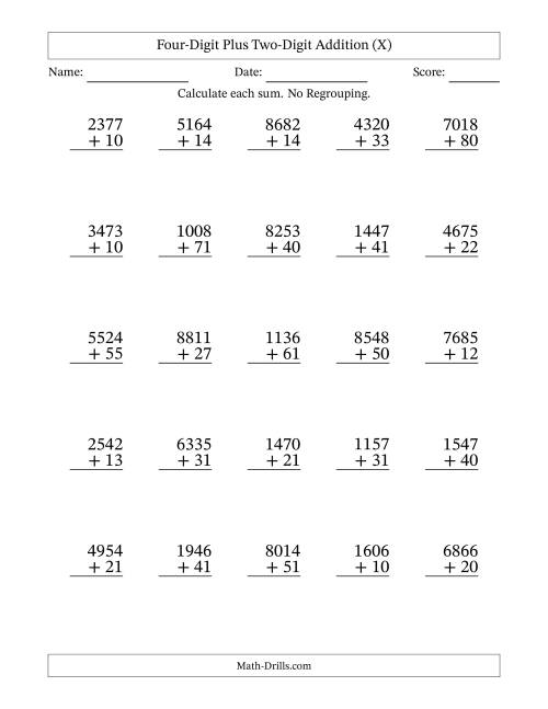 The Four-Digit Plus Two-Digit Addition With No Regrouping – 25 Questions (X) Math Worksheet