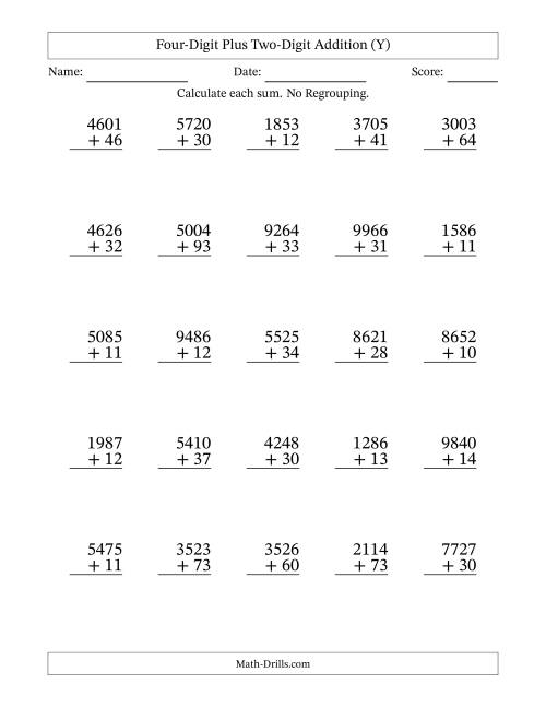 The Four-Digit Plus Two-Digit Addition With No Regrouping – 25 Questions (Y) Math Worksheet
