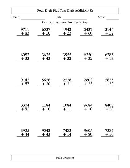 The Four-Digit Plus Two-Digit Addition With No Regrouping – 25 Questions (Z) Math Worksheet