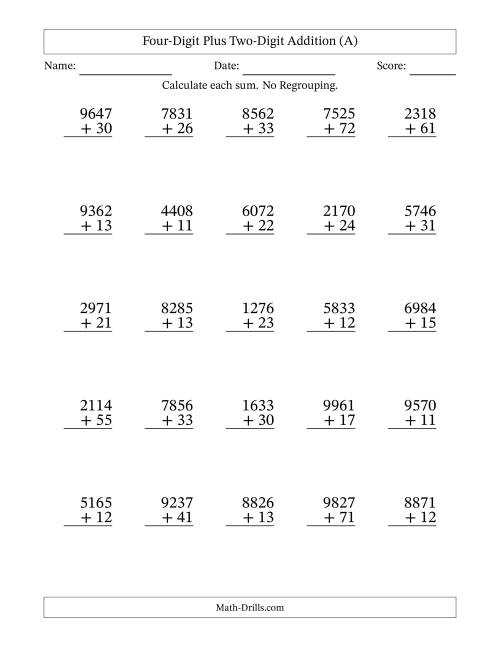The Four-Digit Plus Two-Digit Addition With No Regrouping – 25 Questions (All) Math Worksheet