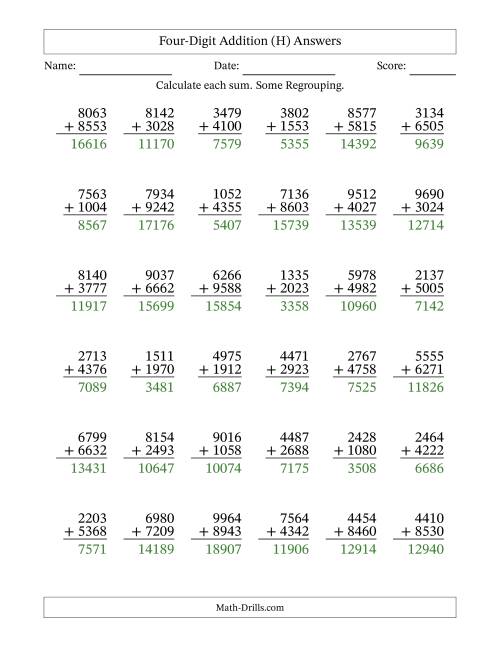 Four-Digit Addition -- 36 Questions (H)