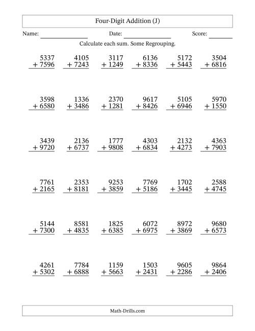 Four-Digit Addition -- 36 Questions (J)