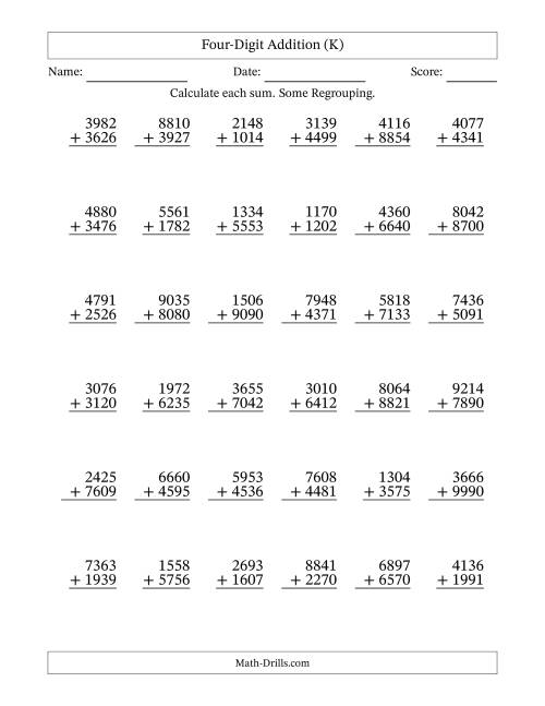 The Four-Digit Addition With Some Regrouping – 36 Questions (K) Math Worksheet