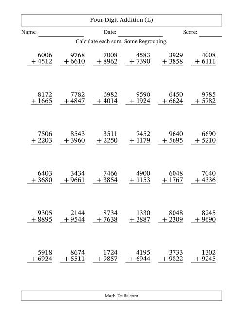 The Four-Digit Addition With Some Regrouping – 36 Questions (L) Math Worksheet